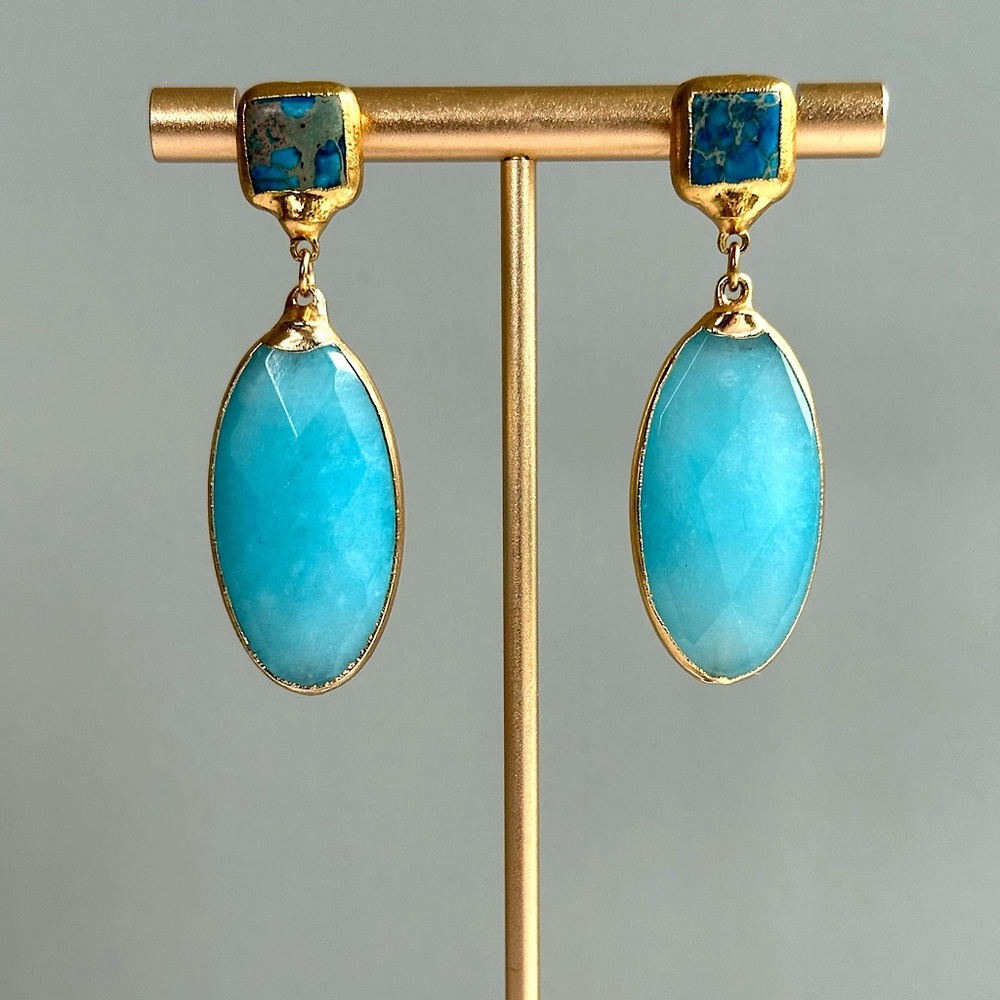NEW Double Drop Earrings Turquoise/Aqua Chalcedony 14K Gold
